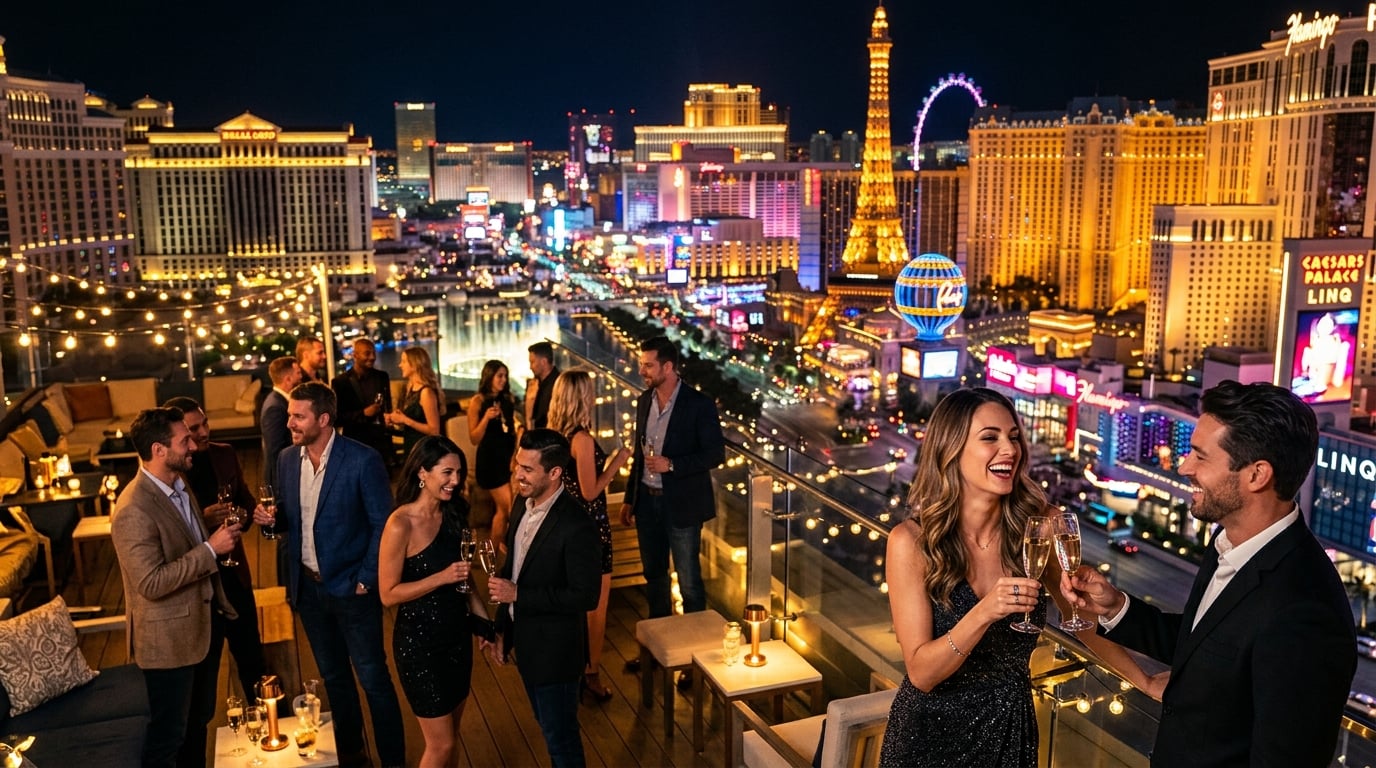 Las Vegas nightlife with VIP rooftop party overlooking the Strip