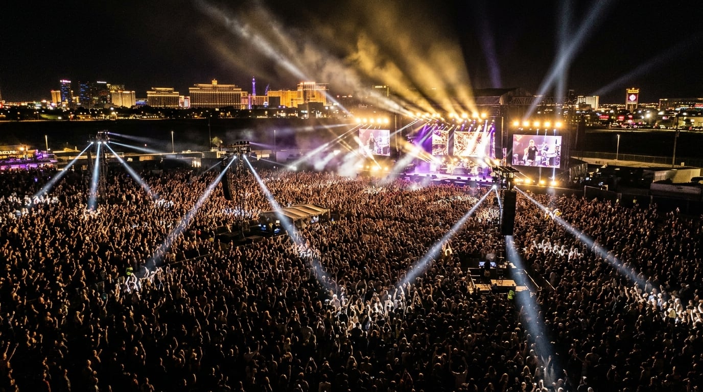 Massive sold-out concert crowd at a Las Vegas venue with dramatic stage lighting